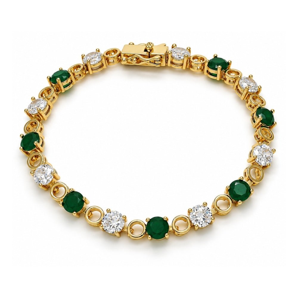 Oro Laminado Tennis Bracelet, Gold Filled Style Box Lock Design, with Green and White Cubic Zirconia, Polished, Golden Finish