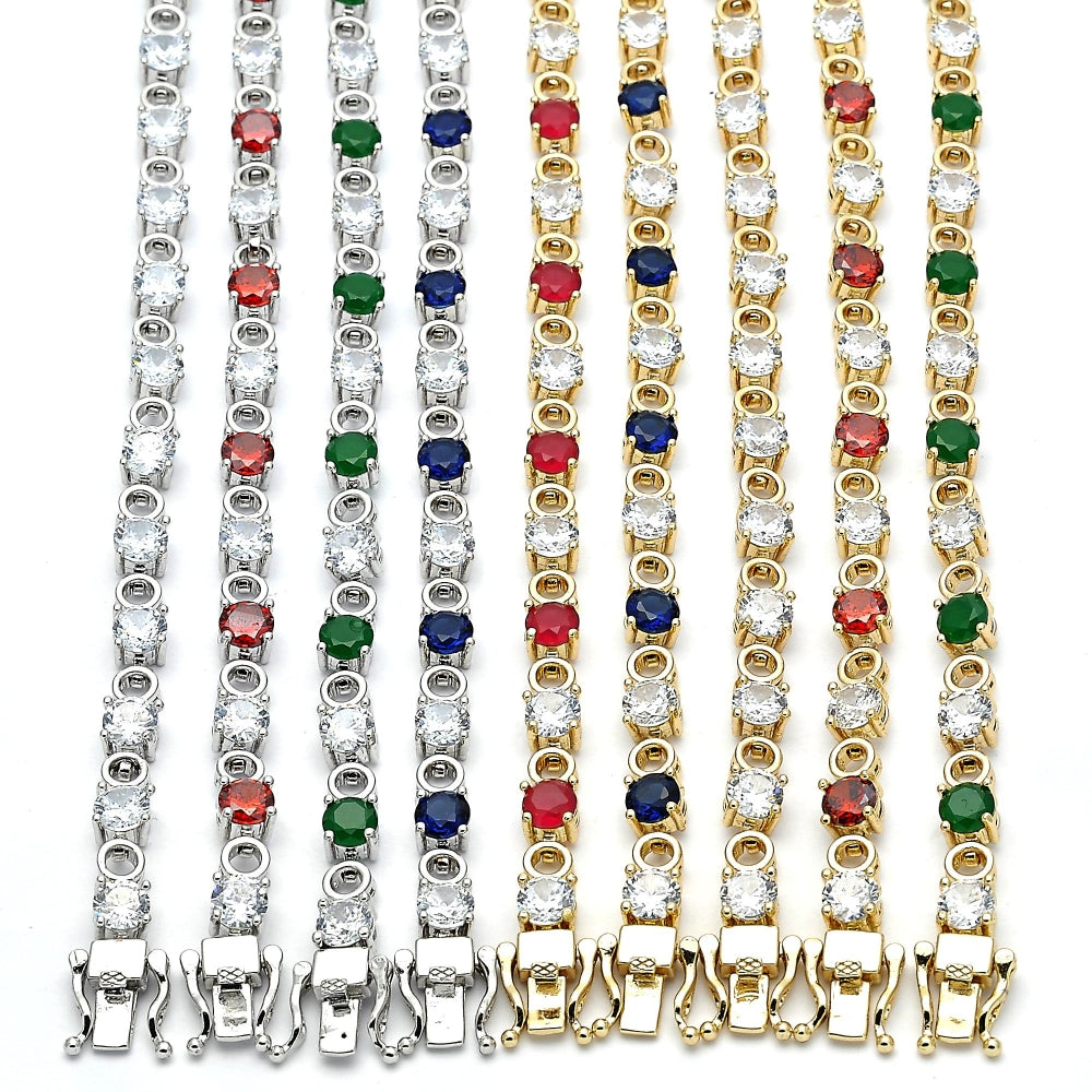 Oro Laminado Tennis Bracelet, Gold Filled Style Box Lock Design, with Green and White Cubic Zirconia, Polished, Golden Finish