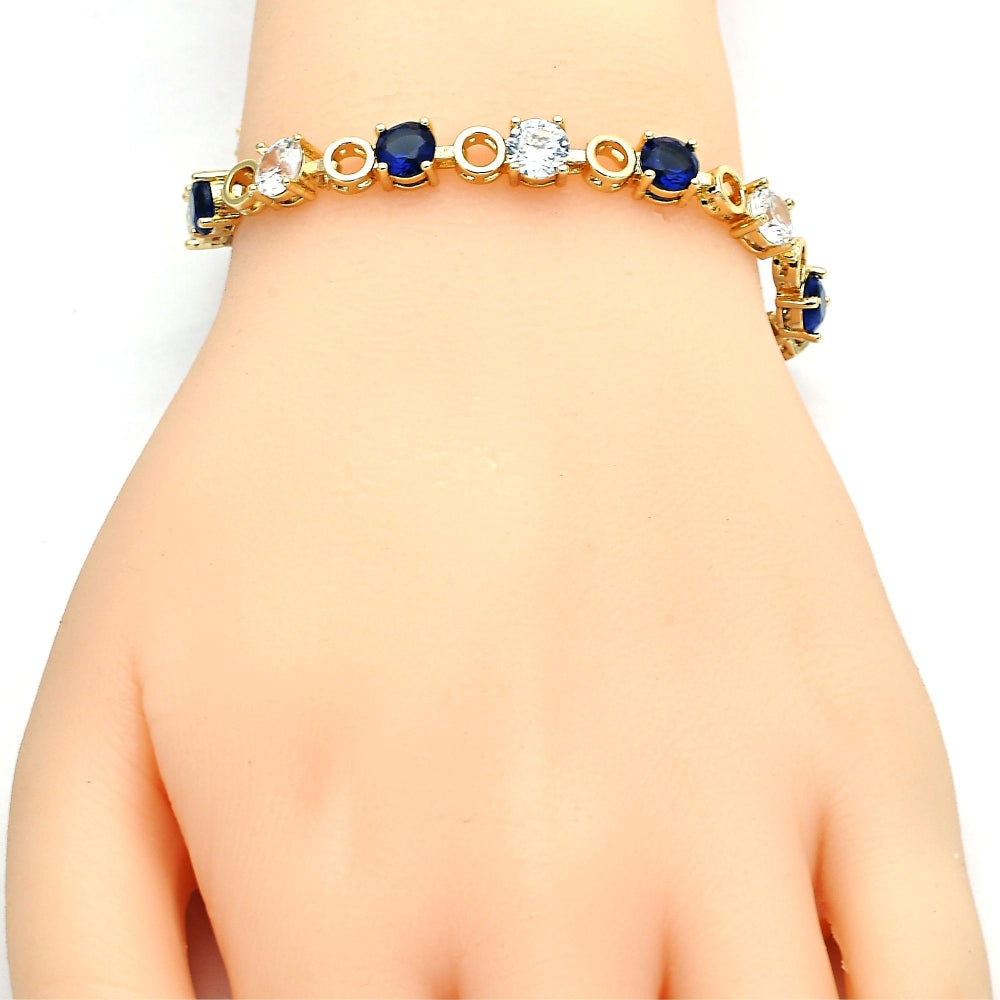 Oro Laminado Tennis Bracelet, Gold Filled Style Box Lock Design, with Sapphire Blue and White Cubic Zirconia, Polished, Golden Finish