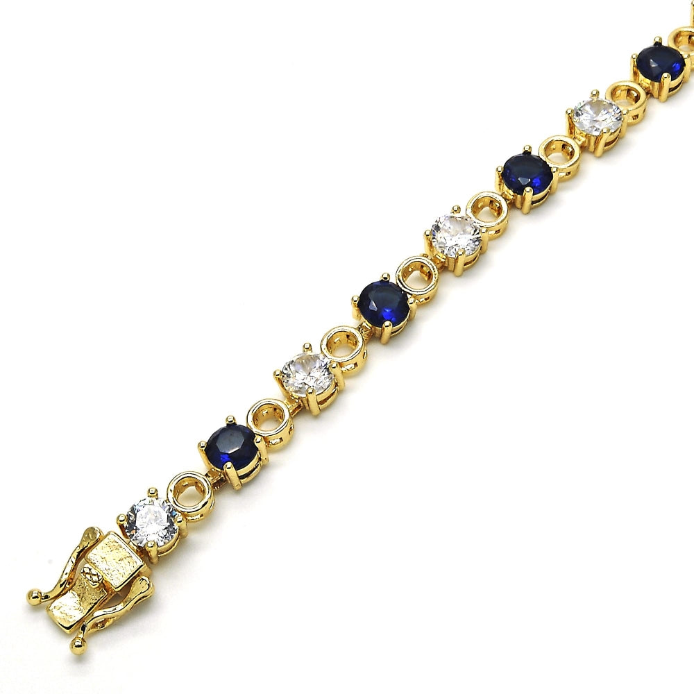 Oro Laminado Tennis Bracelet, Gold Filled Style Box Lock Design, with Sapphire Blue and White Cubic Zirconia, Polished, Golden Finish