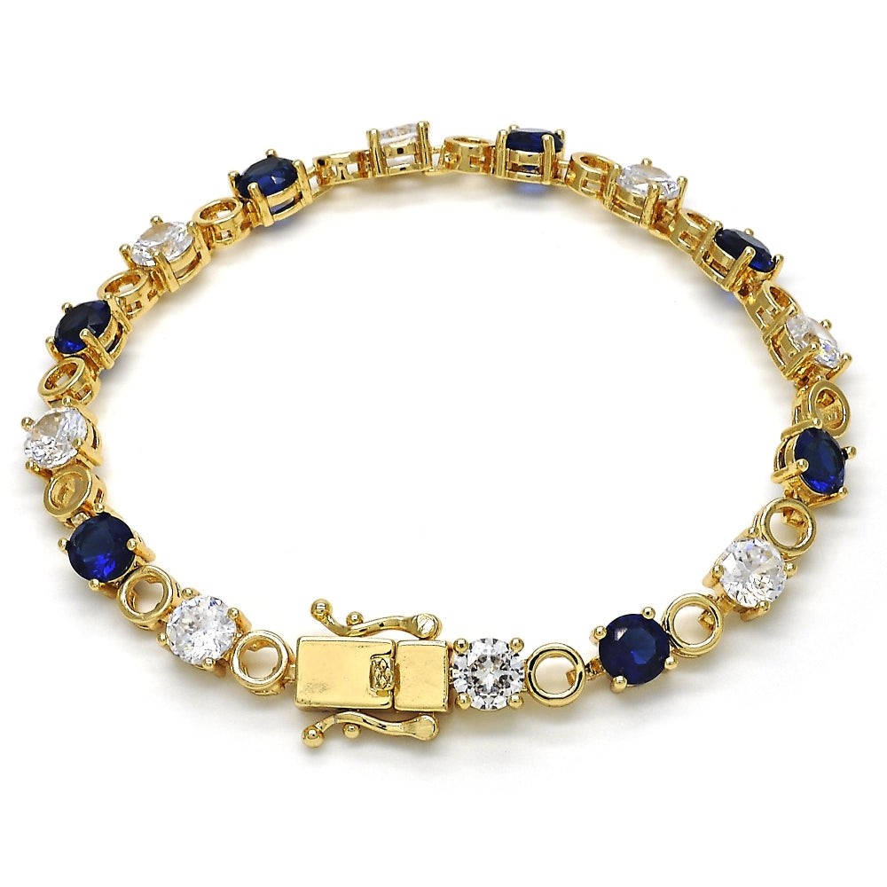 Oro Laminado Tennis Bracelet, Gold Filled Style Box Lock Design, with Sapphire Blue and White Cubic Zirconia, Polished, Golden Finish