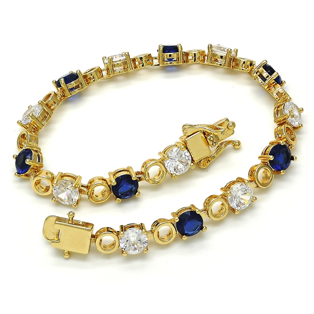 Oro Laminado Tennis Bracelet, Gold Filled Style Box Lock Design, with Sapphire Blue and White Cubic Zirconia, Polished, Golden Finish