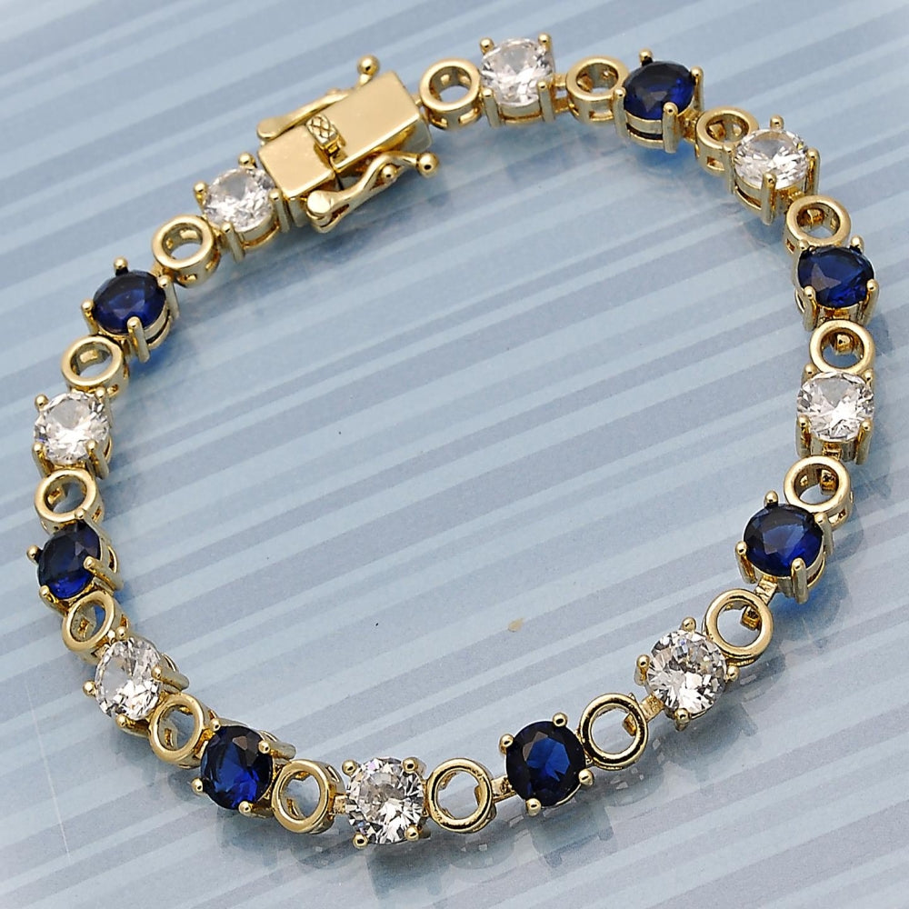 Oro Laminado Tennis Bracelet, Gold Filled Style Box Lock Design, with Sapphire Blue and White Cubic Zirconia, Polished, Golden Finish