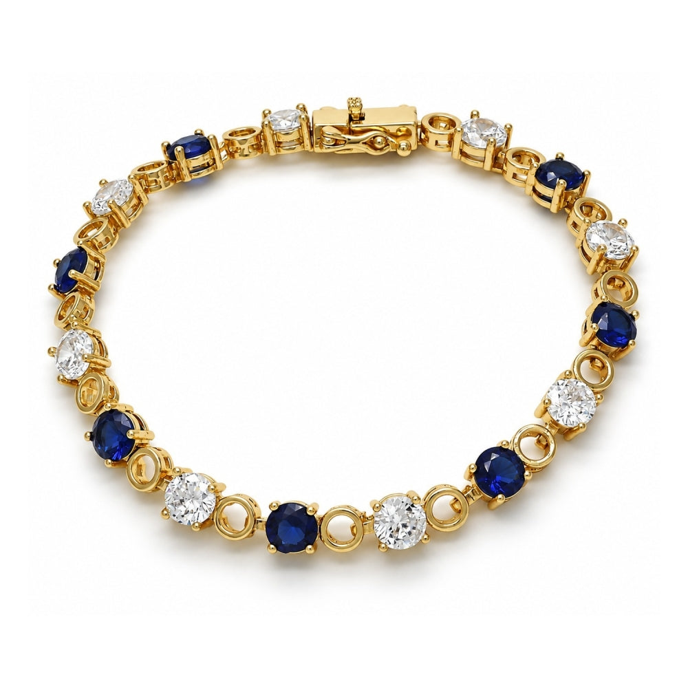 Oro Laminado Tennis Bracelet, Gold Filled Style Box Lock Design, with Sapphire Blue and White Cubic Zirconia, Polished, Golden Finish