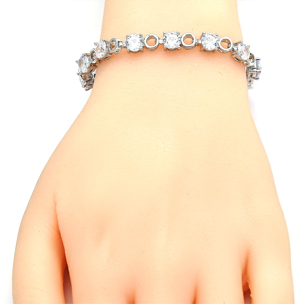 White Gold Filled Tennis Bracelet, Box Lock Design, with White Cubic Zirconia, Polished, Rhodium Finish