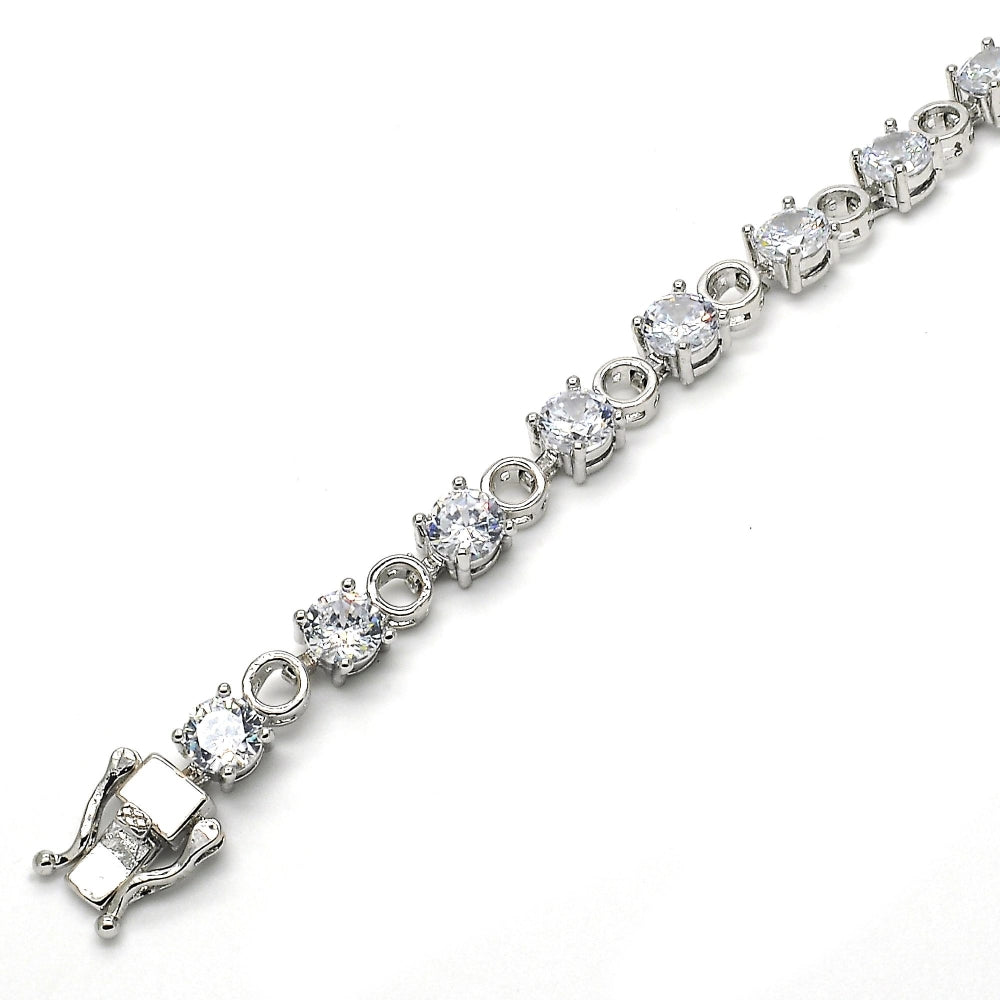White Gold Filled Tennis Bracelet, Box Lock Design, with White Cubic Zirconia, Polished, Rhodium Finish