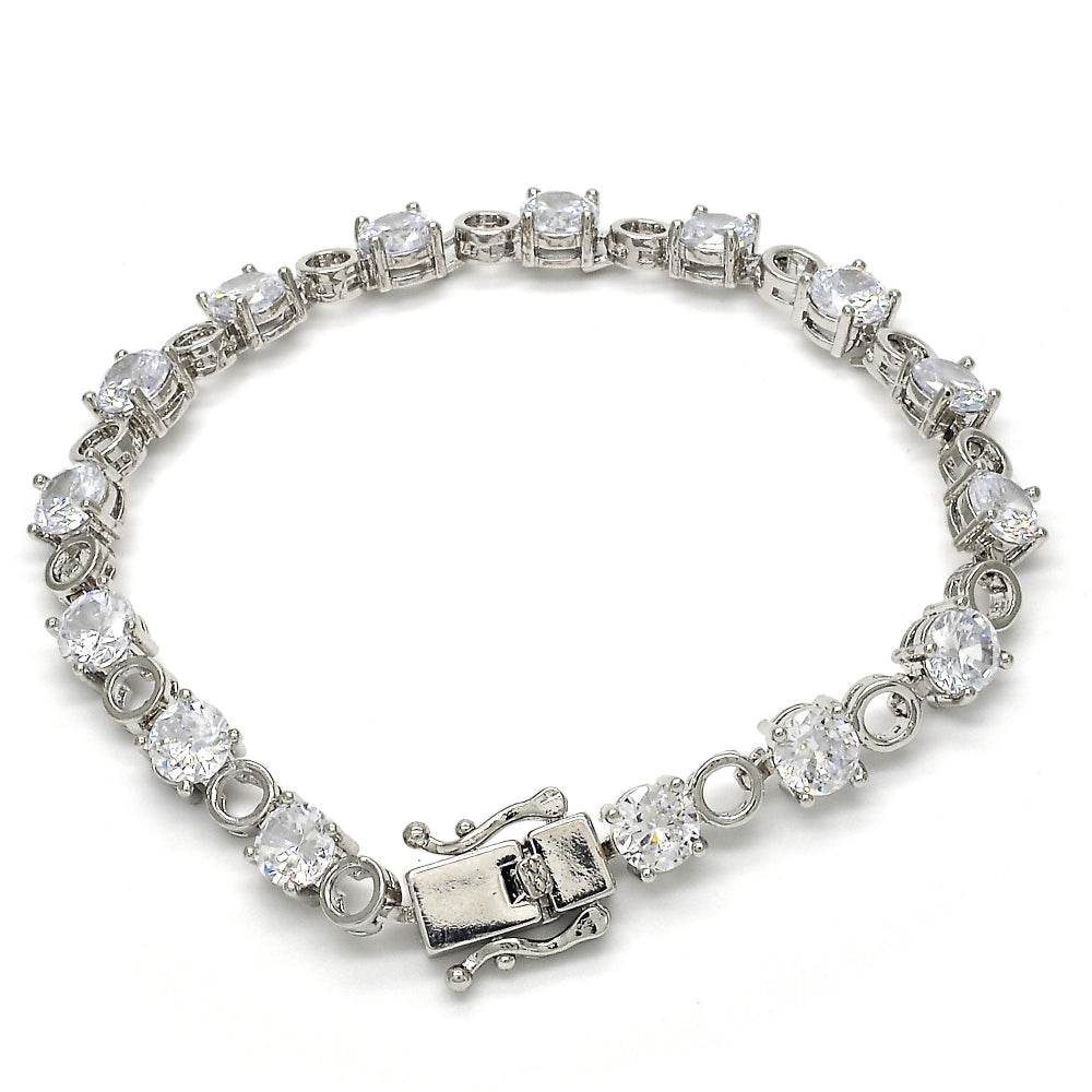White Gold Filled Tennis Bracelet, Box Lock Design, with White Cubic Zirconia, Polished, Rhodium Finish