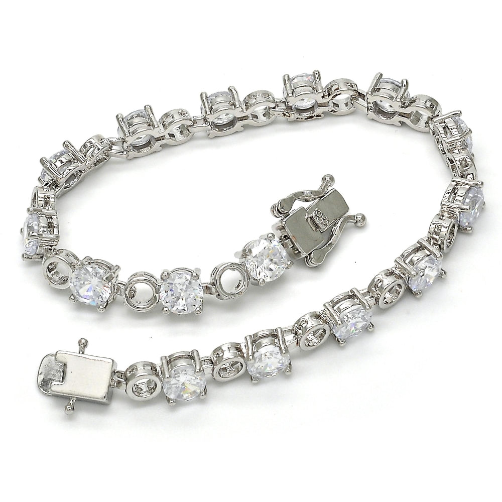 White Gold Filled Tennis Bracelet, Box Lock Design, with White Cubic Zirconia, Polished, Rhodium Finish