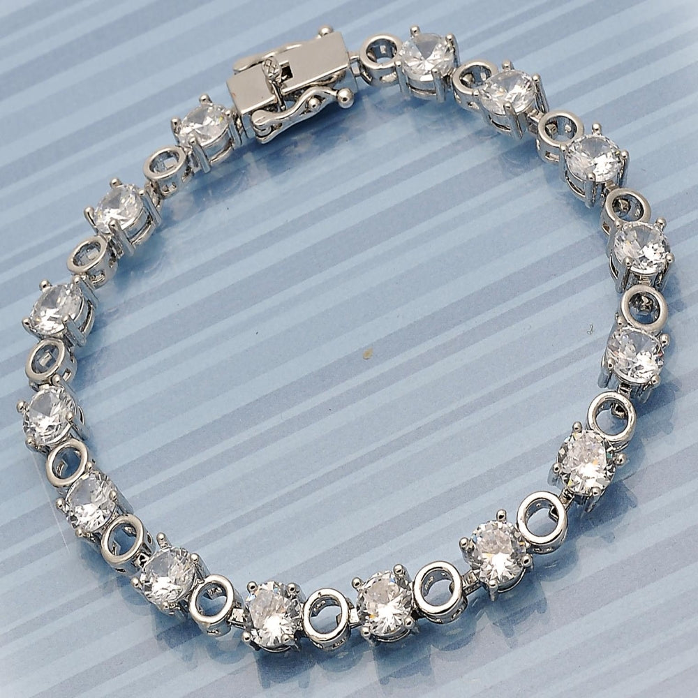 White Gold Filled Tennis Bracelet, Box Lock Design, with White Cubic Zirconia, Polished, Rhodium Finish