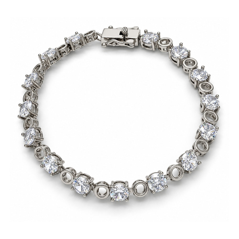 White Gold Filled Tennis Bracelet, Box Lock Design, with White Cubic Zirconia, Polished, Rhodium Finish