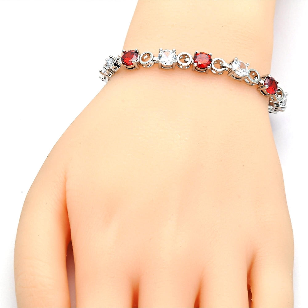 White Gold Filled Tennis Bracelet, Box Lock Design, with Garnet and White Cubic Zirconia, Polished, Rhodium Finish