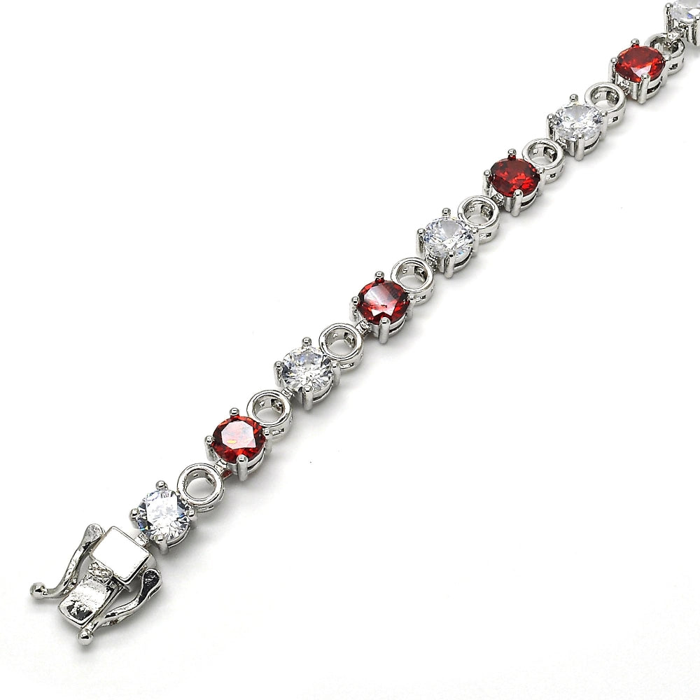 White Gold Filled Tennis Bracelet, Box Lock Design, with Garnet and White Cubic Zirconia, Polished, Rhodium Finish