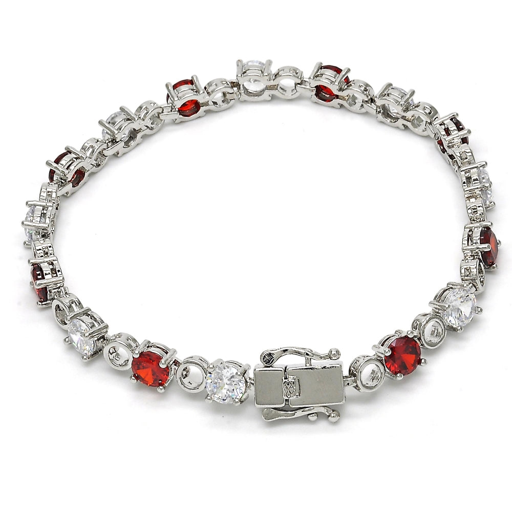 White Gold Filled Tennis Bracelet, Box Lock Design, with Garnet and White Cubic Zirconia, Polished, Rhodium Finish