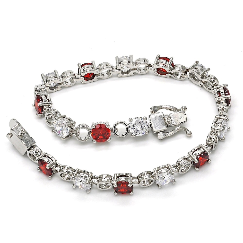 White Gold Filled Tennis Bracelet, Box Lock Design, with Garnet and White Cubic Zirconia, Polished, Rhodium Finish