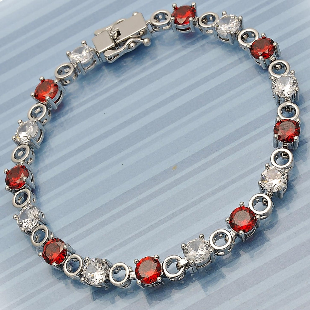 White Gold Filled Tennis Bracelet, Box Lock Design, with Garnet and White Cubic Zirconia, Polished, Rhodium Finish