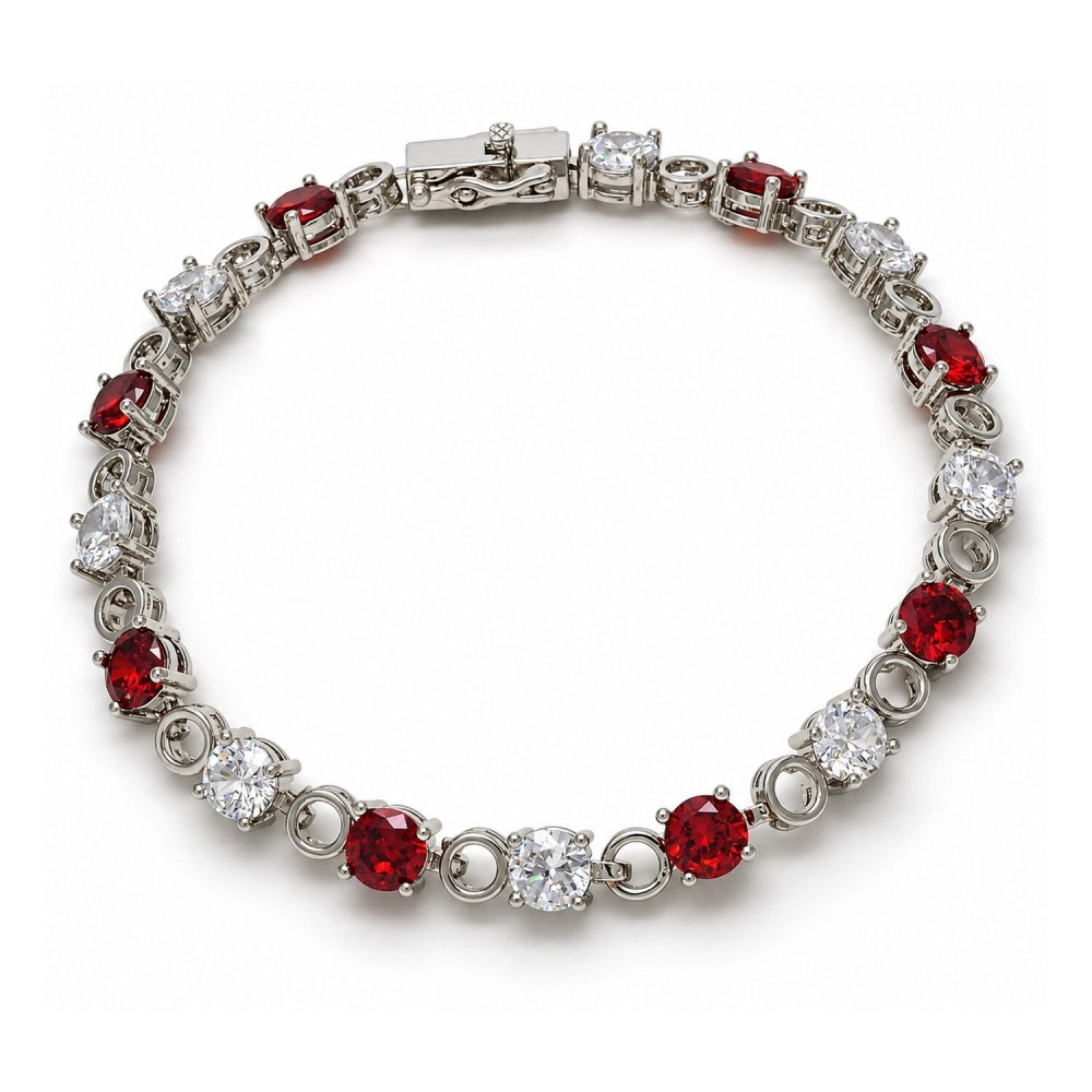 White Gold Filled Tennis Bracelet, Box Lock Design, with Garnet and White Cubic Zirconia, Polished, Rhodium Finish