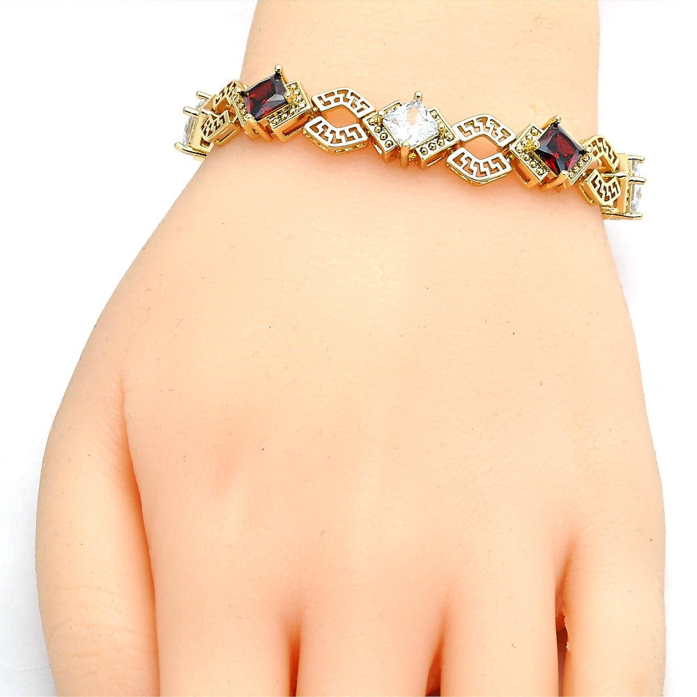 Oro Laminado Tennis Bracelet, Gold Filled Style Greek Key and Box Lock Design, with Garnet and White Cubic Zirconia, Polished, Golden Finish