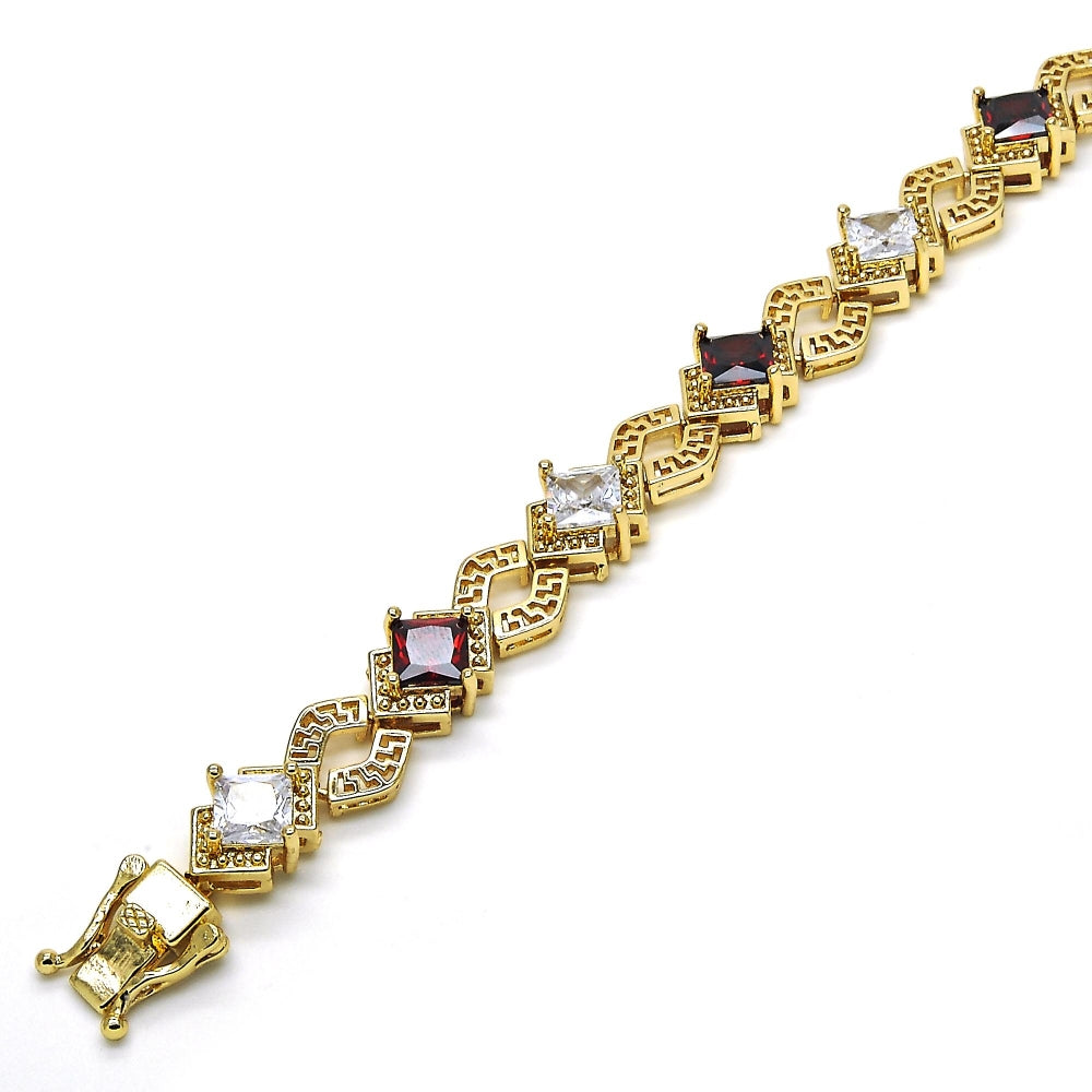 Oro Laminado Tennis Bracelet, Gold Filled Style Greek Key and Box Lock Design, with Garnet and White Cubic Zirconia, Polished, Golden Finish