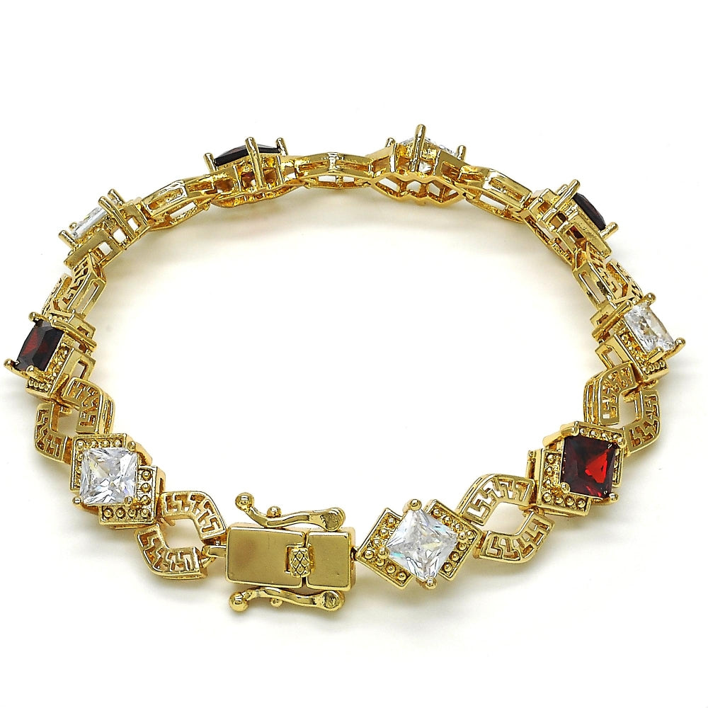Oro Laminado Tennis Bracelet, Gold Filled Style Greek Key and Box Lock Design, with Garnet and White Cubic Zirconia, Polished, Golden Finish