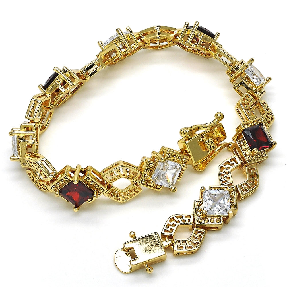 Oro Laminado Tennis Bracelet, Gold Filled Style Greek Key and Box Lock Design, with Garnet and White Cubic Zirconia, Polished, Golden Finish