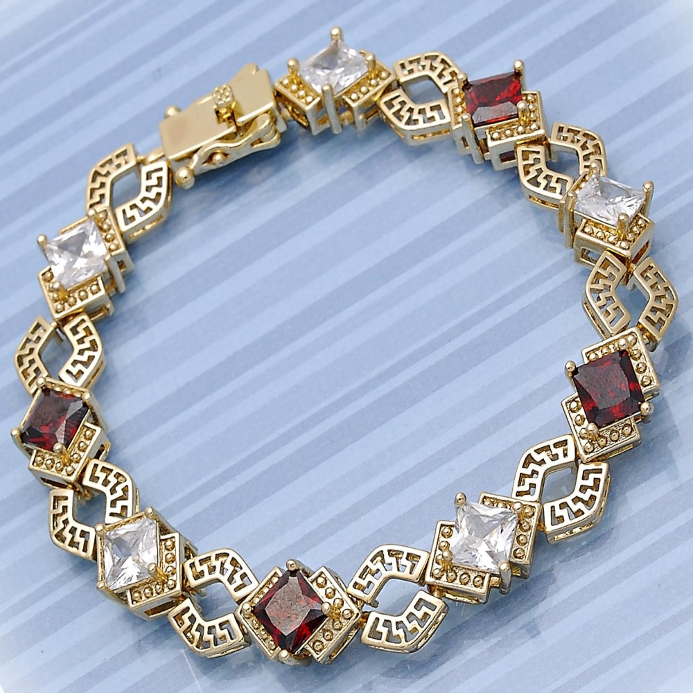 Oro Laminado Tennis Bracelet, Gold Filled Style Greek Key and Box Lock Design, with Garnet and White Cubic Zirconia, Polished, Golden Finish