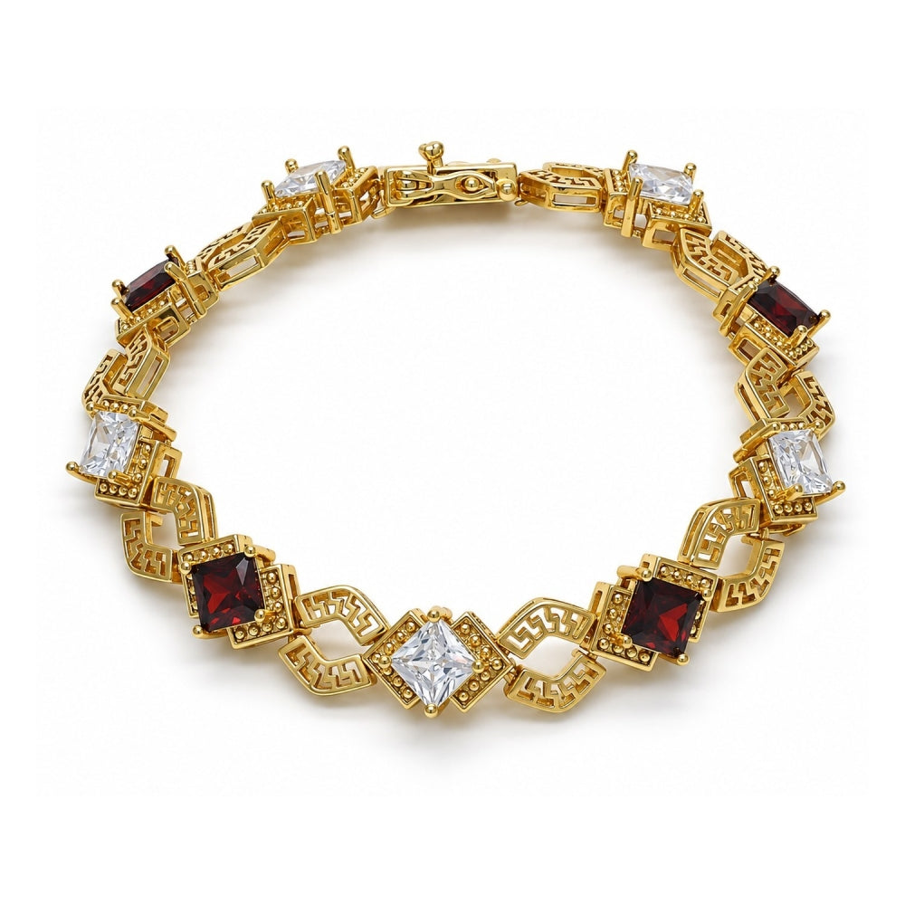 Oro Laminado Tennis Bracelet, Gold Filled Style Greek Key and Box Lock Design, with Garnet and White Cubic Zirconia, Polished, Golden Finish