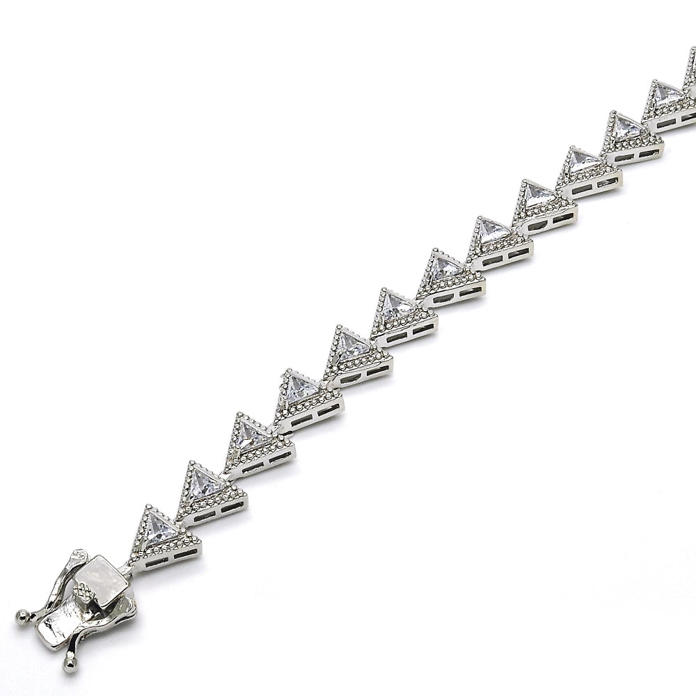 White Gold Filled Tennis Bracelet, Box Lock Design, with White Cubic Zirconia, Polished, Rhodium Finish