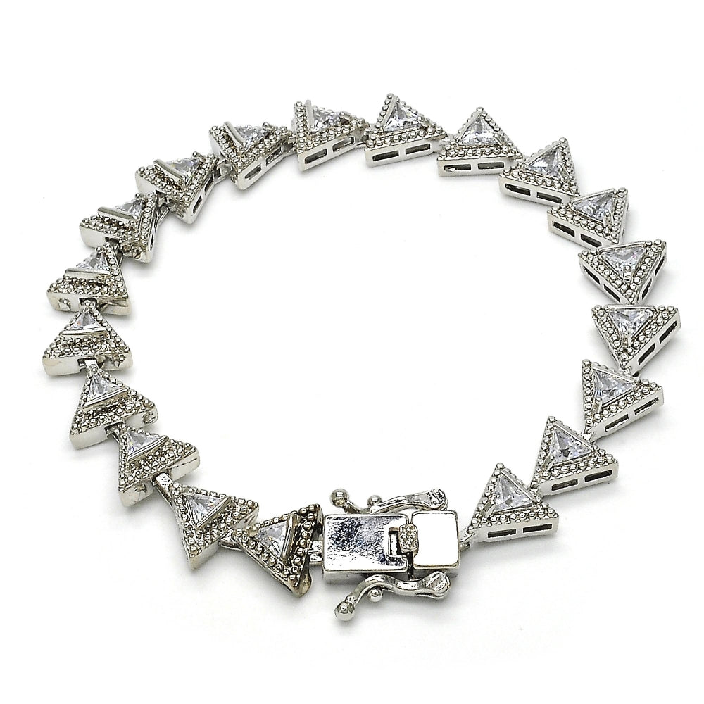 White Gold Filled Tennis Bracelet, Box Lock Design, with White Cubic Zirconia, Polished, Rhodium Finish