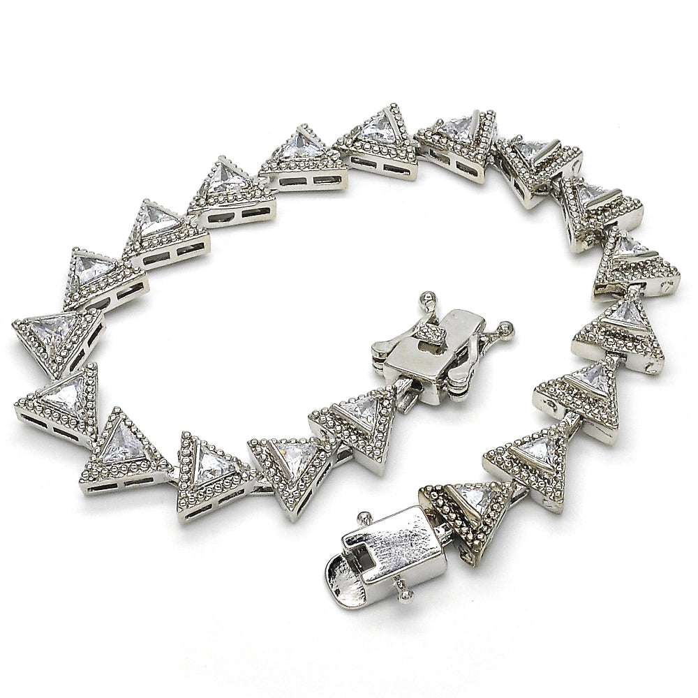 White Gold Filled Tennis Bracelet, Box Lock Design, with White Cubic Zirconia, Polished, Rhodium Finish
