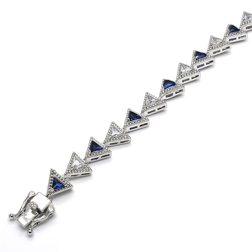 White Gold Filled Tennis Bracelet, Box Lock Design, with Sapphire Blue and White Cubic Zirconia, Polished, Rhodium Finish