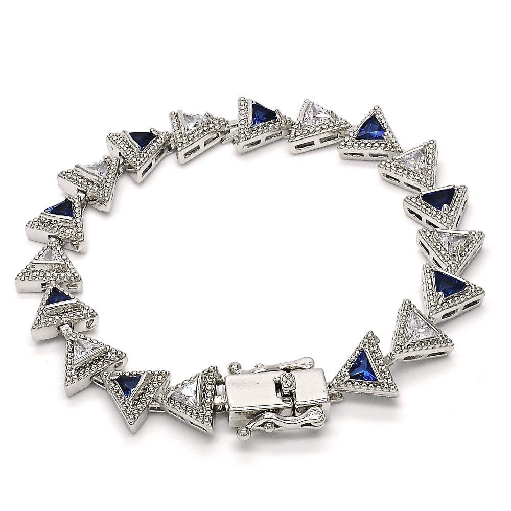 White Gold Filled Tennis Bracelet, Box Lock Design, with Sapphire Blue and White Cubic Zirconia, Polished, Rhodium Finish