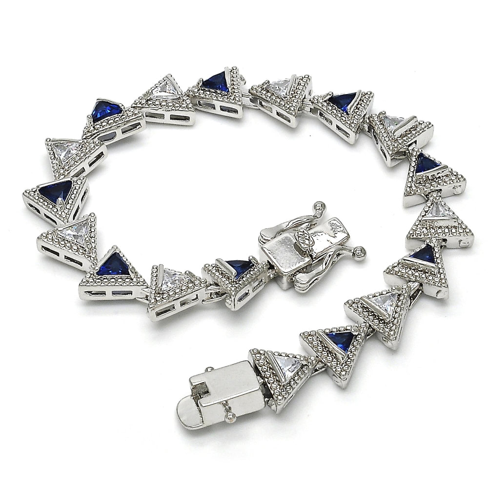 White Gold Filled Tennis Bracelet, Box Lock Design, with Sapphire Blue and White Cubic Zirconia, Polished, Rhodium Finish
