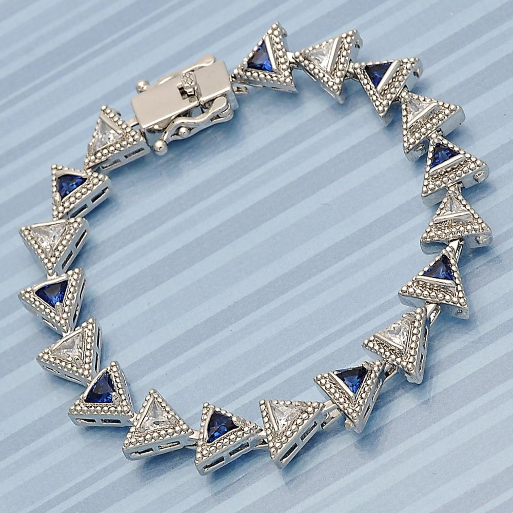White Gold Filled Tennis Bracelet, Box Lock Design, with Sapphire Blue and White Cubic Zirconia, Polished, Rhodium Finish