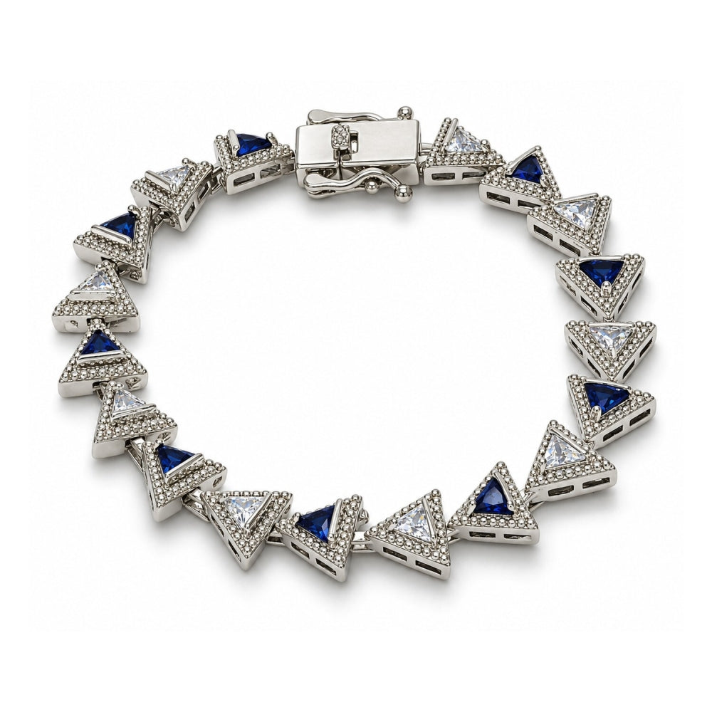 White Gold Filled Tennis Bracelet, Box Lock Design, with Sapphire Blue and White Cubic Zirconia, Polished, Rhodium Finish