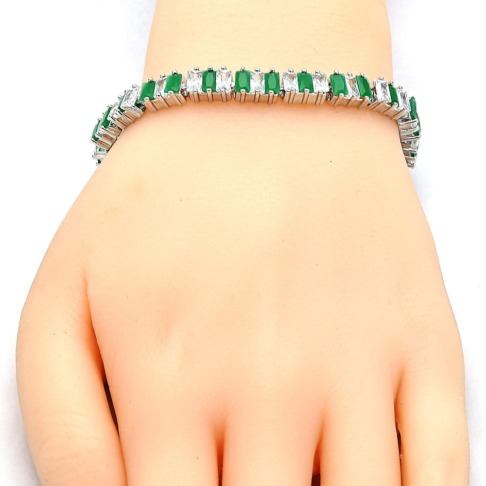 White Gold Filled Tennis Bracelet, Box Lock Design, with Green and White Cubic Zirconia, Polished, Rhodium Finish