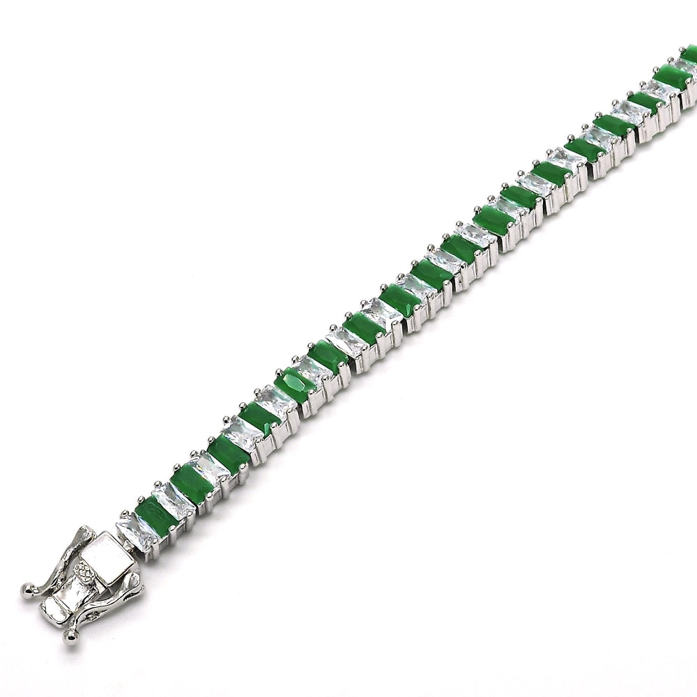 White Gold Filled Tennis Bracelet, Box Lock Design, with Green and White Cubic Zirconia, Polished, Rhodium Finish