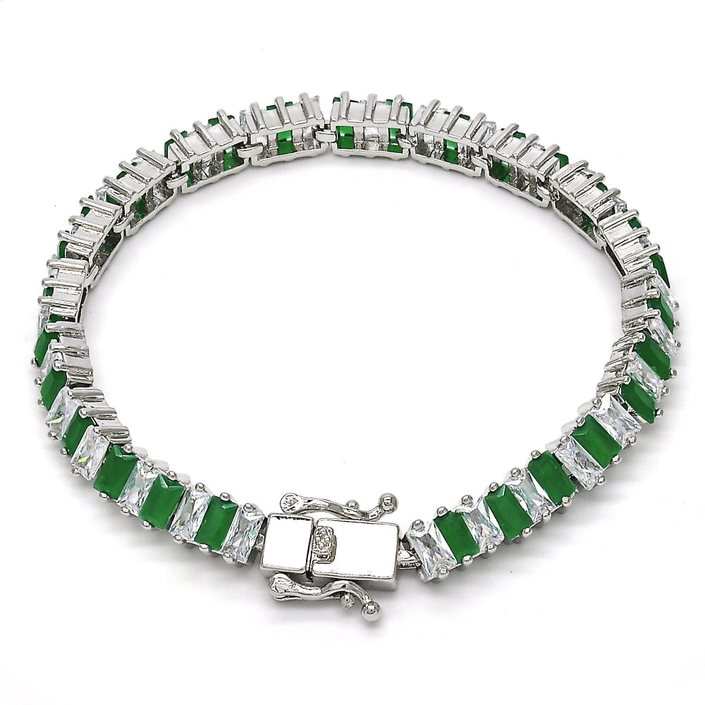 White Gold Filled Tennis Bracelet, Box Lock Design, with Green and White Cubic Zirconia, Polished, Rhodium Finish