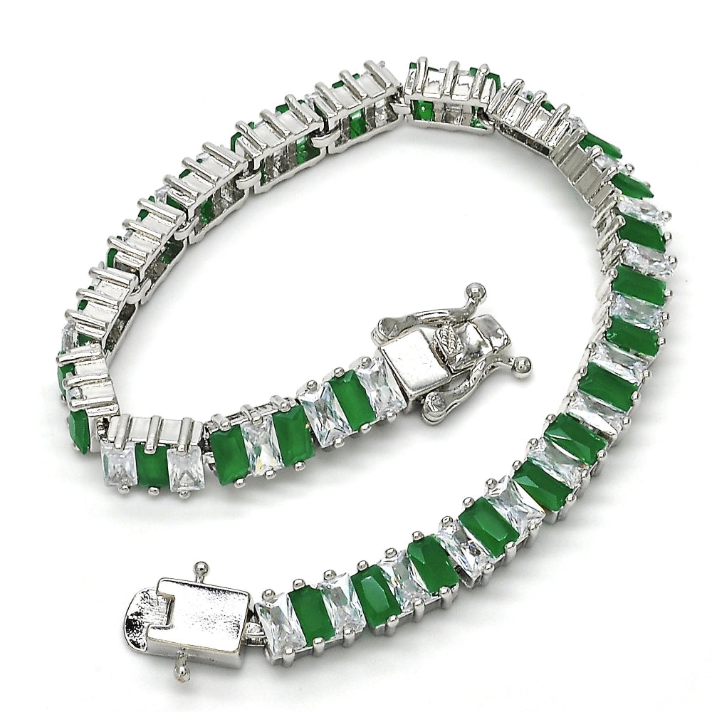 White Gold Filled Tennis Bracelet, Box Lock Design, with Green and White Cubic Zirconia, Polished, Rhodium Finish