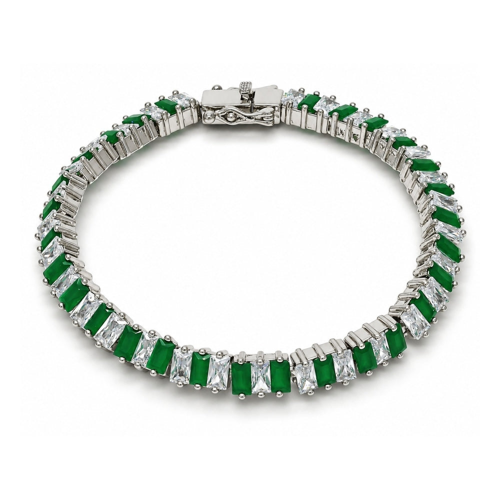 White Gold Filled Tennis Bracelet, Box Lock Design, with Green and White Cubic Zirconia, Polished, Rhodium Finish