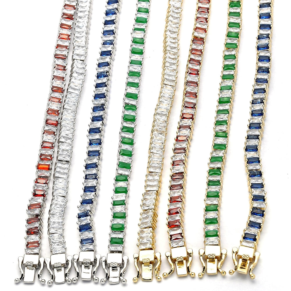 White Gold Filled Tennis Bracelet, Box Lock Design, with Green and White Cubic Zirconia, Polished, Rhodium Finish