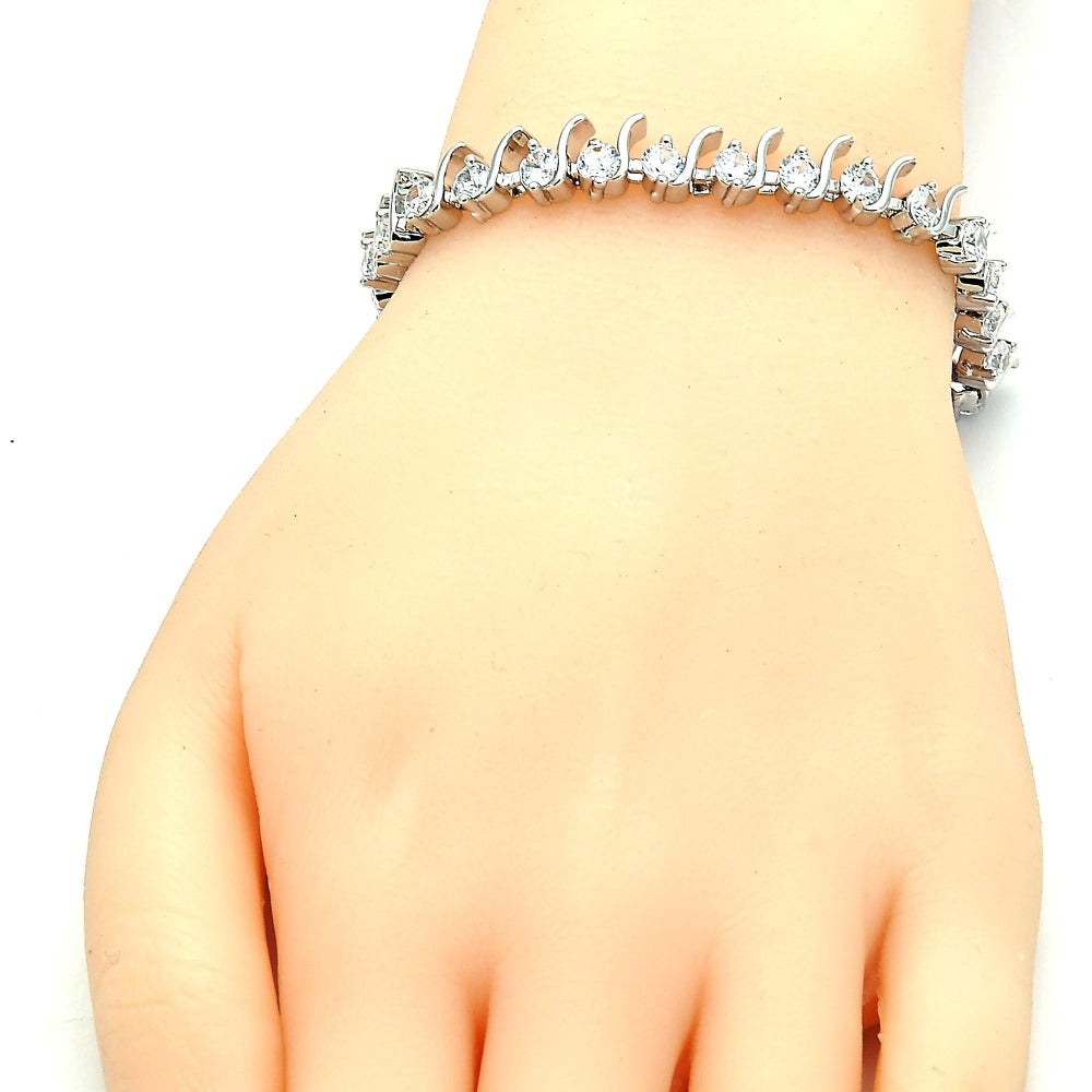White Gold Filled Tennis Bracelet, Box Lock Design, with White Cubic Zirconia, Polished, Rhodium Finish