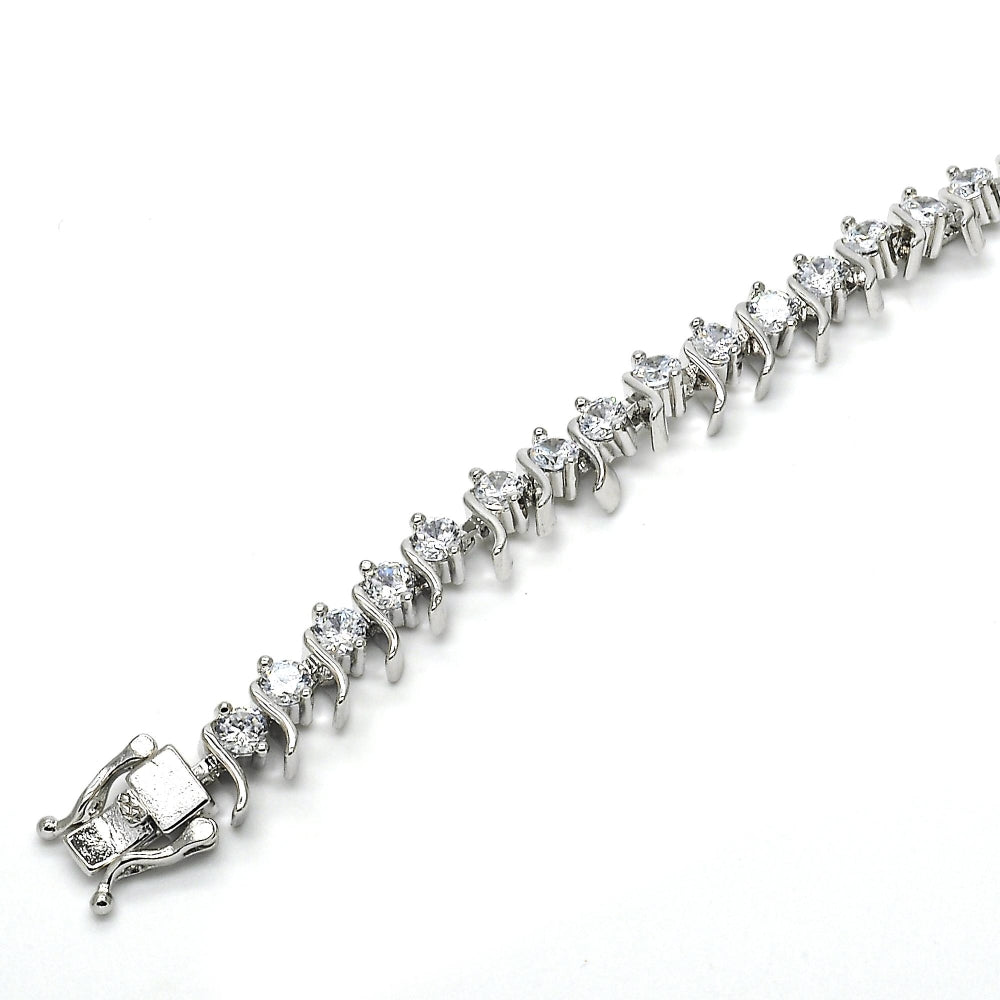 White Gold Filled Tennis Bracelet, Box Lock Design, with White Cubic Zirconia, Polished, Rhodium Finish