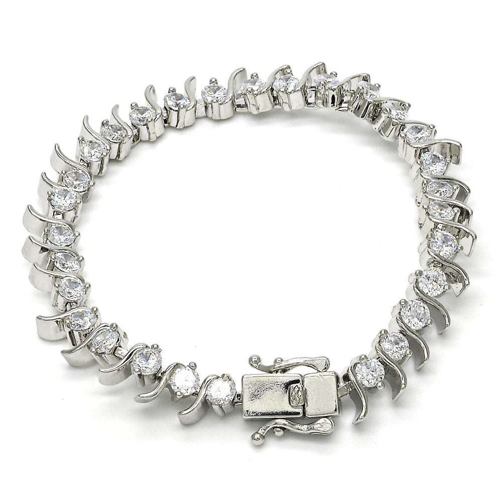 White Gold Filled Tennis Bracelet, Box Lock Design, with White Cubic Zirconia, Polished, Rhodium Finish