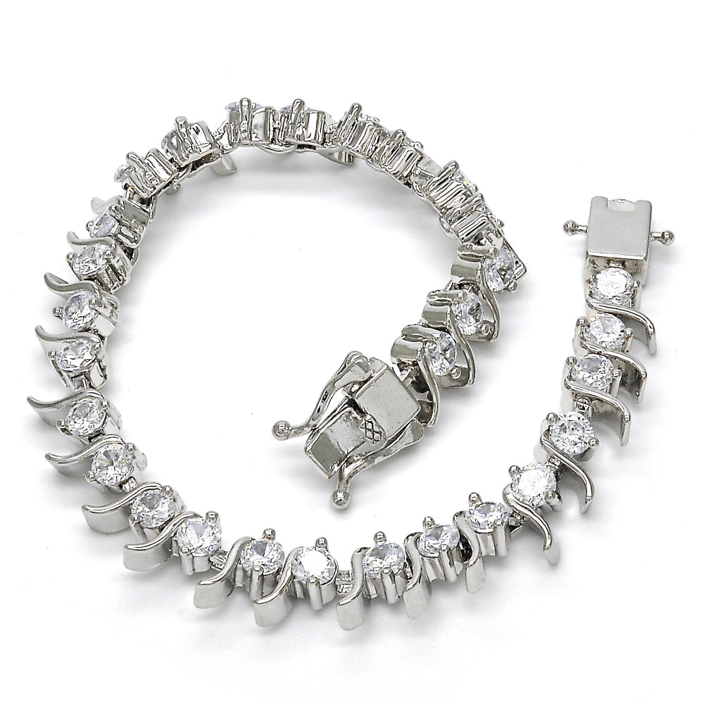 White Gold Filled Tennis Bracelet, Box Lock Design, with White Cubic Zirconia, Polished, Rhodium Finish