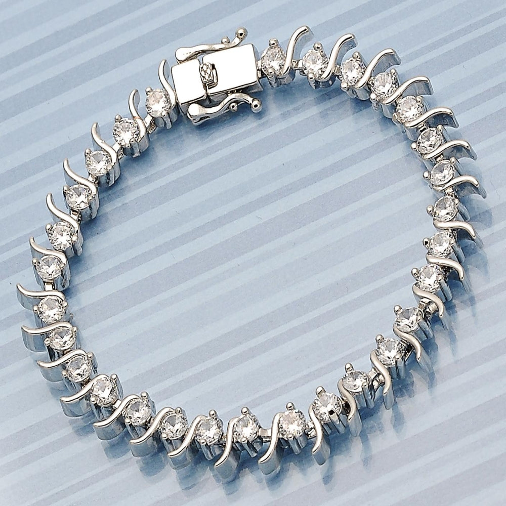 White Gold Filled Tennis Bracelet, Box Lock Design, with White Cubic Zirconia, Polished, Rhodium Finish