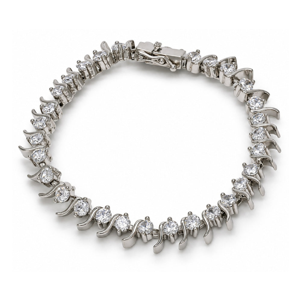 White Gold Filled Tennis Bracelet, Box Lock Design, with White Cubic Zirconia, Polished, Rhodium Finish