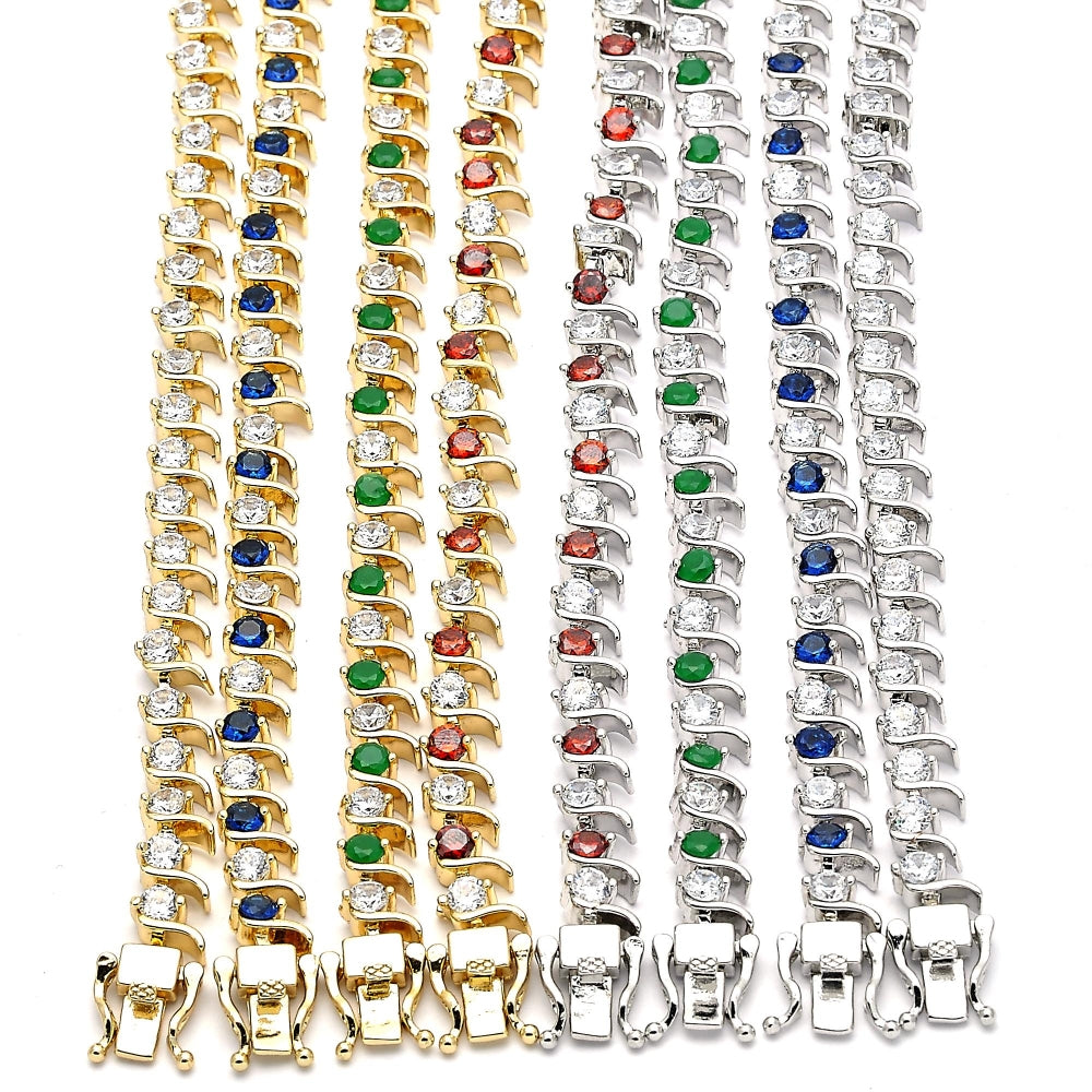 White Gold Filled Tennis Bracelet, Box Lock Design, with White Cubic Zirconia, Polished, Rhodium Finish