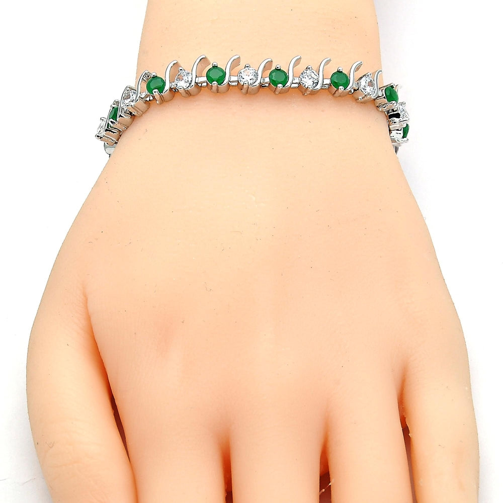 White Gold Filled Tennis Bracelet, Box Lock Design, with Green and White Cubic Zirconia, Polished, Rhodium Finish