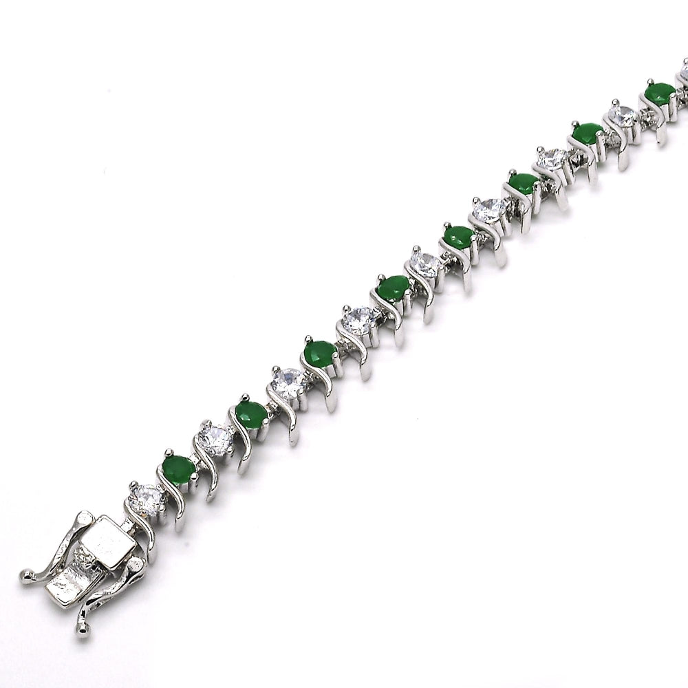 White Gold Filled Tennis Bracelet, Box Lock Design, with Green and White Cubic Zirconia, Polished, Rhodium Finish