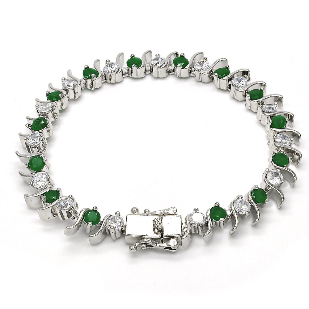 White Gold Filled Tennis Bracelet, Box Lock Design, with Green and White Cubic Zirconia, Polished, Rhodium Finish